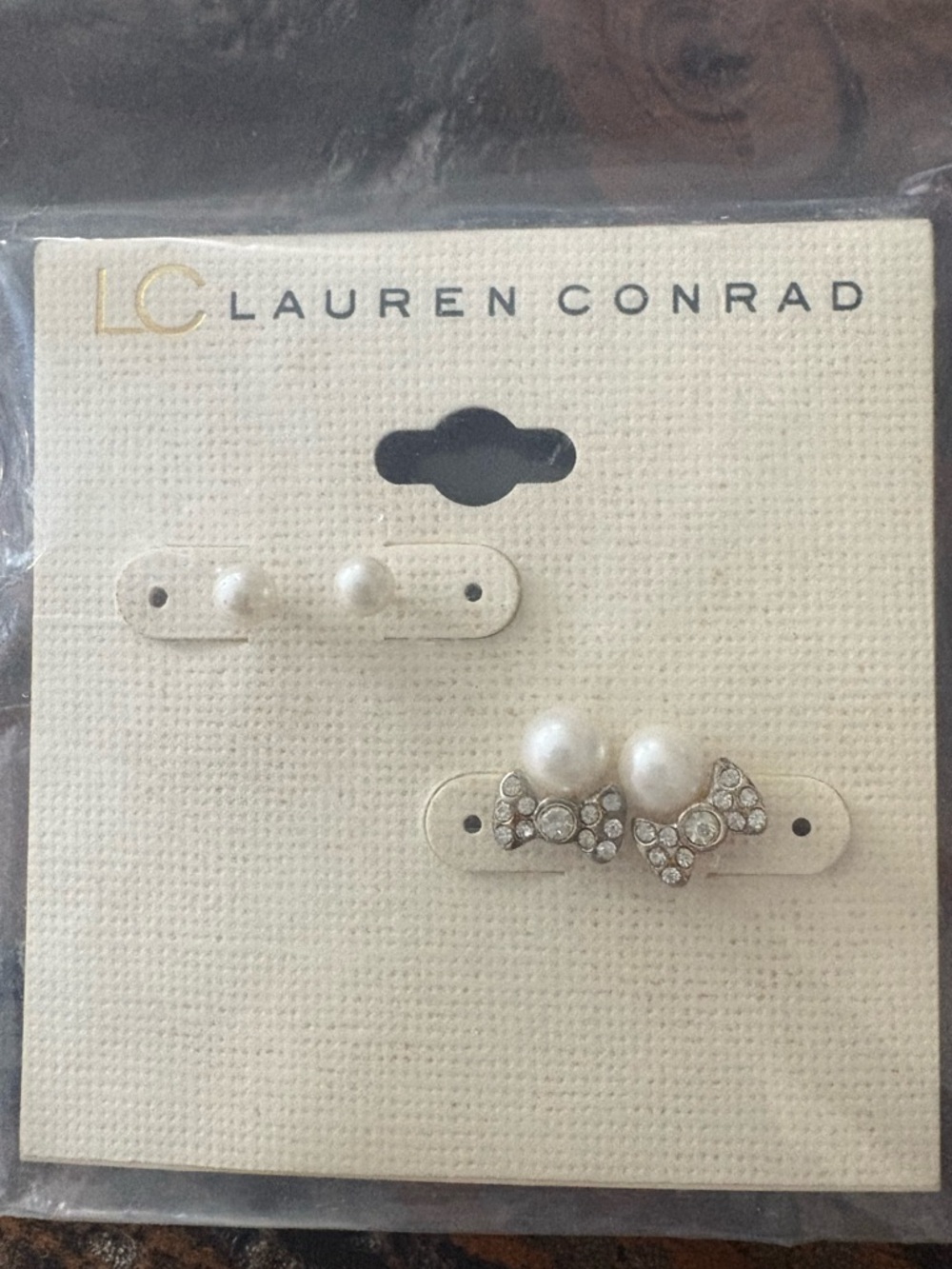 LC Lauren Conrad Pearl and Crystal Bow Stud Earring Set in White and Silver